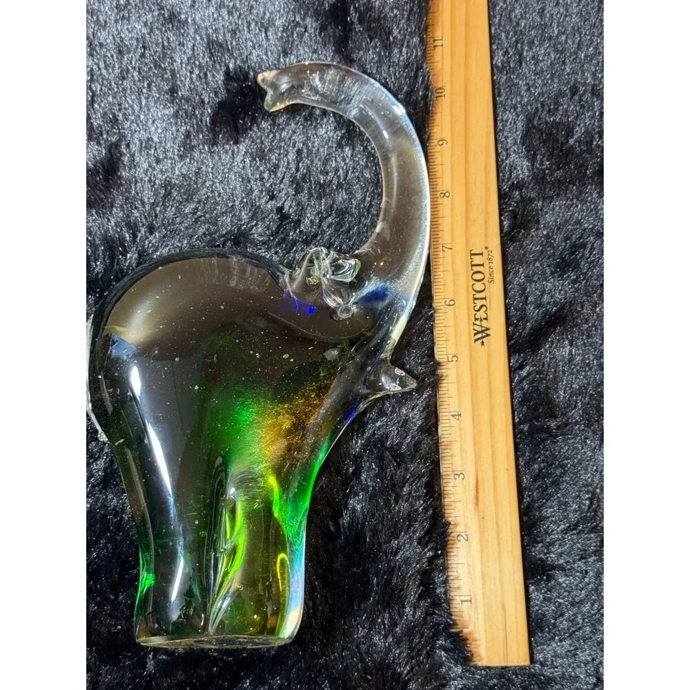 Vintage Glass Elephant Figurine10" Green & Amber Art Glass Decor - Picture 5 of 11
